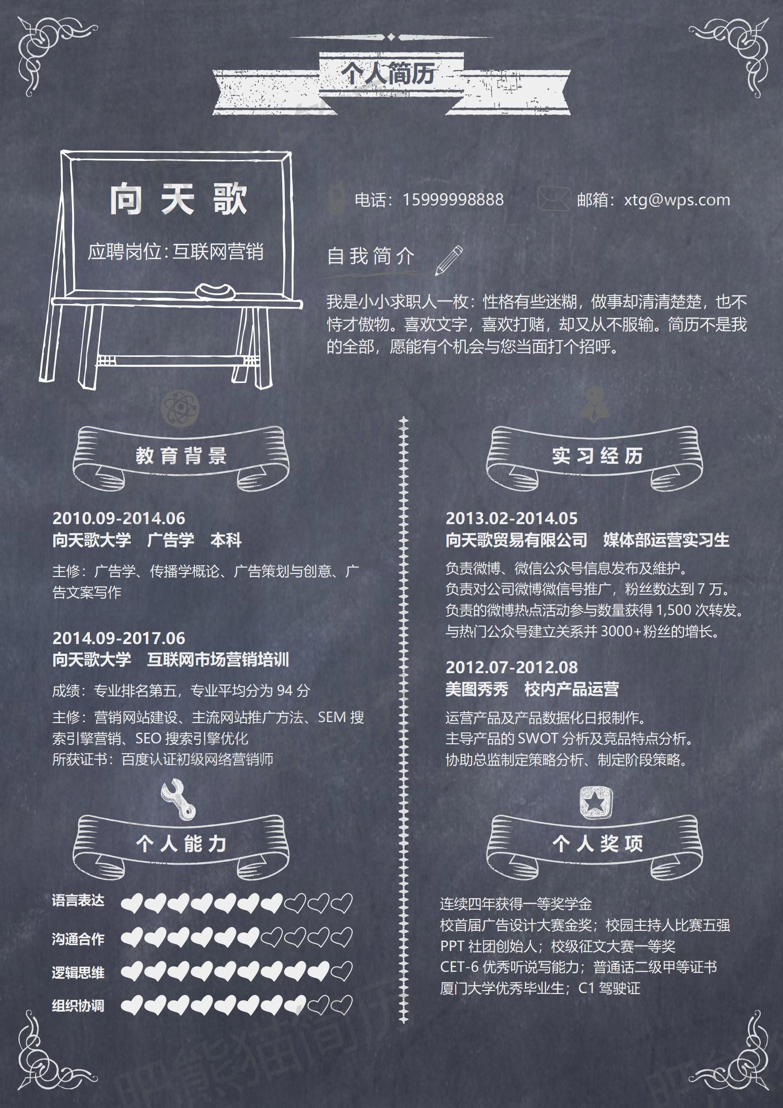 【封面+简历+自荐信】应届毕业生黑板风格求职简历_02